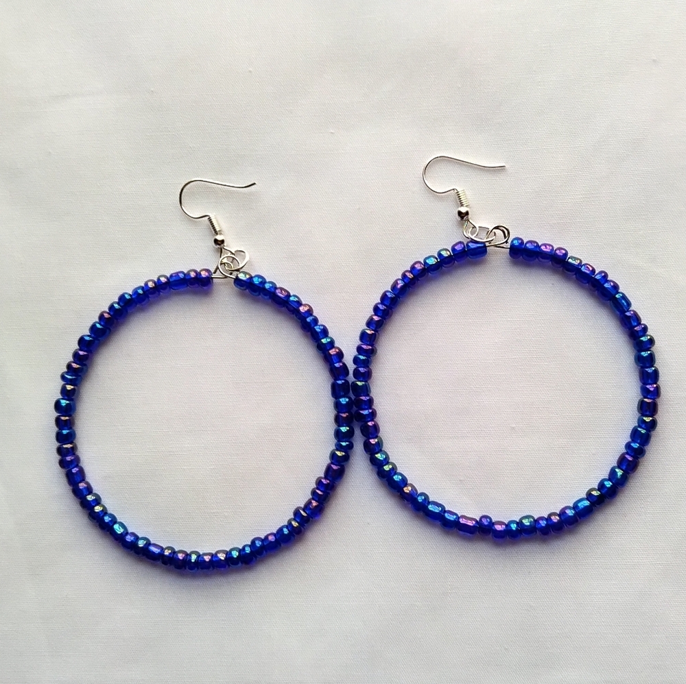 Handmade Large Glass Seed Bead Hippie Boho Drop Hoop Earrings Peacock Blue 3.5"